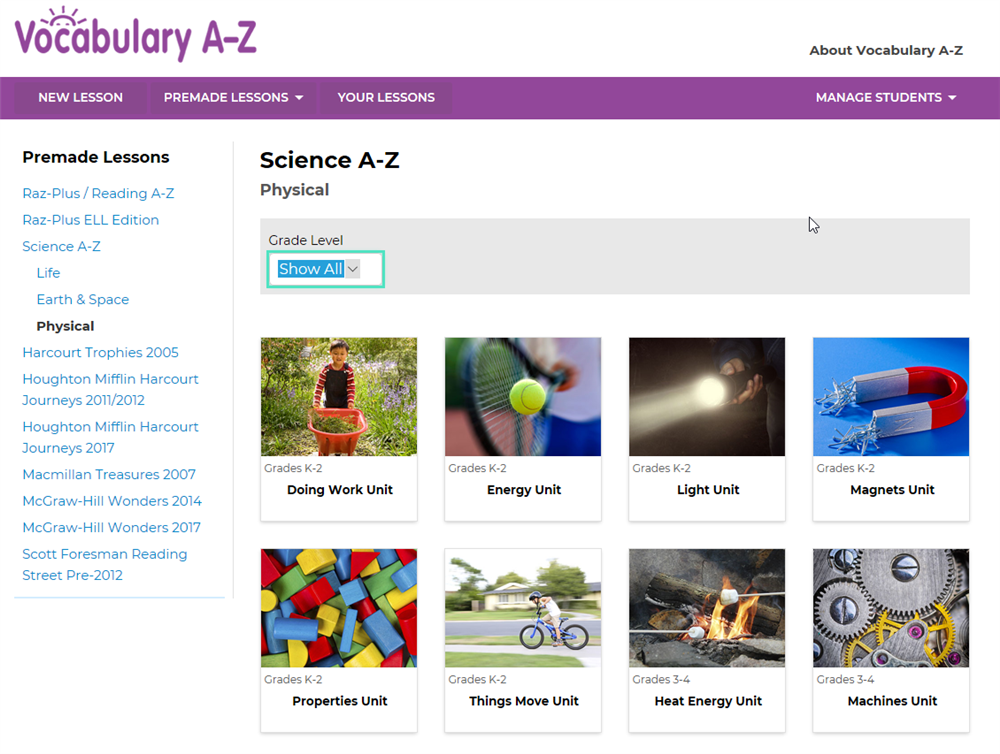 Vocabulary A-Z đã tạo sẵn rất nhiều bộ phiếu luyện từ vựng, bổ trợ cho các đầu sách có trong Kids A-Z Reading, Science hoặc bổ trợ một số giáo trình phổ biến khác. 